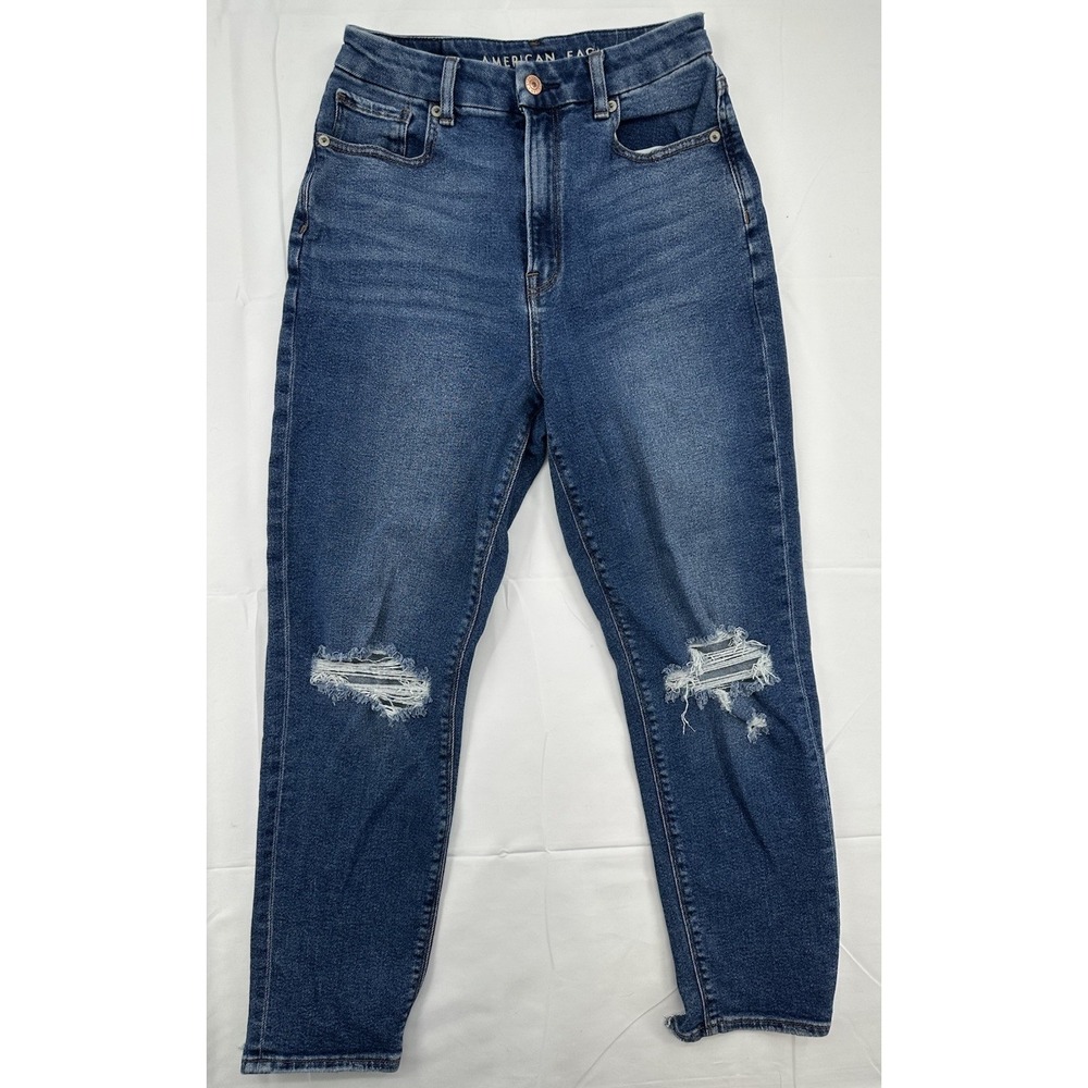 American Eagle Women's Stretch Curvy Mom Jeans 2 Short Distressed Denim Blue